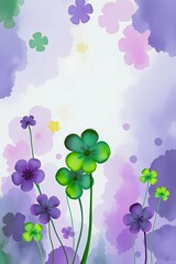 Poster - Colorful floral abstract art with green and purple flowers set against a soft pastel background. Generative AI