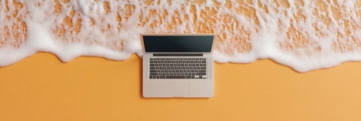 Poster - Coastal Tech Vibes Sleek Laptop on Sandy Beach with Ocean Waves - Remote Work Branding and Digital Freedom for Modern Professionals