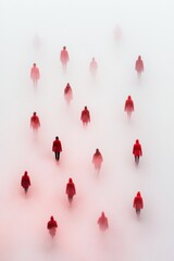 Poster - Contemporary Street Dynamics Abstract Red-Clad Crowd Movement in Urban Fog Visual Art for Modern Marketing and City Planning Insights
