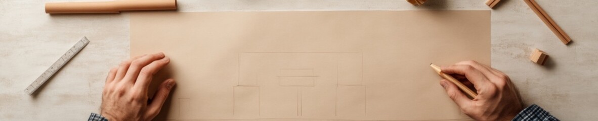 Poster - Contemporary Drafting Aesthetic Architect Hands on Blueprint with Wood and Metal Tools - Streamlined Design Process for Innovative Construction Projects