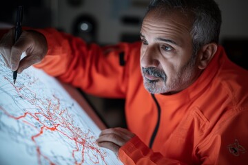 Fototapete - Innovative Emergency Coordination Hub Middle Eastern Leader Mobilizing Teams with Digital Map and Weathered Textures for Efficient Disaster Response Strategy