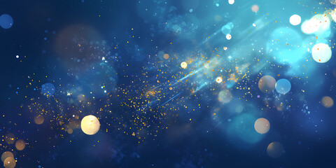 background of abstract glitter lights. blue, gold and black. de focused. banner
