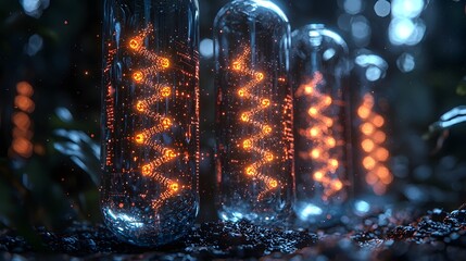 Poster - futuristic glowing liquid filled tubes with encoded dna molecules for digital data storage concept
