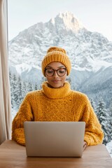 Poster - Minimalist Winter Workspace Cozy Knit Textures and Laptop Desk in Indian Mountain Lodge Enhancing Digital Nomad Productivity and Adventure Tourism for Creative Professionals