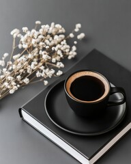 Fototapete - Minimalist Workspace Black Ceramic Coffee and Hardcover Journal with Florals on Gray - Stylish Remote Work and Digital Content Creation for Modern Professionals