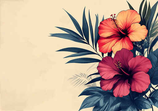 A simple line drawing of two decorative palm fronds and three hibiscus flowers.