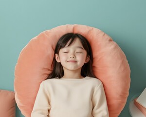 Poster - Cozy Pastel Nook Asian Child Relaxing on Plush Beanbag Amid Books - Enhancing Student Life and Learning Spaces with Soft Textures for Education and Wellness