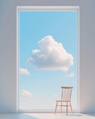 Poster - Calm Office Interiors Minimalist Wooden Chair Framing Serene Cloudscape - Promoting Workplace Mental Health and Mindful Breaks in Modern Business Settings