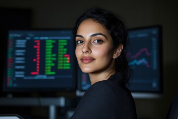 Fototapete - Modern Financial Analysis Indian Woman in Professional Attire Amidst High-Tech Stock Market Graphs - Strategic Business Insights and Risk Management Solutions
