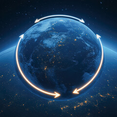 Wall Mural - a blue planet with a white circle and arrows pointing to it