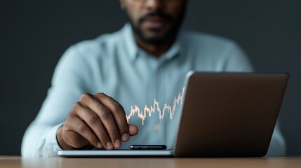 Poster - Minimalist Financial Workspace Indian Male Analyzing Digital Stock Trends on Sleek Laptop - Professional Investment Insight and Modern Business Strategy