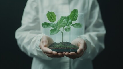 Poster - Innovative Holographic Eco-Display Scientist in Lab Coat Observes Plant Growth on Digital Interface - Revolutionizing Environmental Science and Advanced Ecosystem Research
