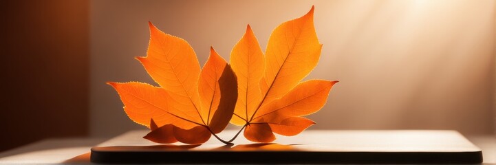 Wall Mural - Autumn leaves on a wooden surface against a light-colored wall. The leaves cast a soft shadow on the surface. A banner with space for the text.