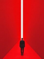 Aufkleber - Minimalist Business Continuity Visual Man in Black Suit Facing Light Path in Red Corridor - Strategic Vision Planning and Corporate Training Content Creation