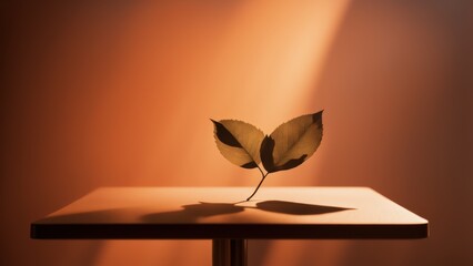 Wall Mural - Leaves casting a soft blur on the surface of the orange studio podium. A podium for an advertising photo on the background of an orange wall.