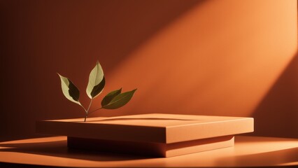 Wall Mural - Leaves casting a soft blur on the surface of the orange studio podium. A podium for an advertising photo on the background of an orange wall.