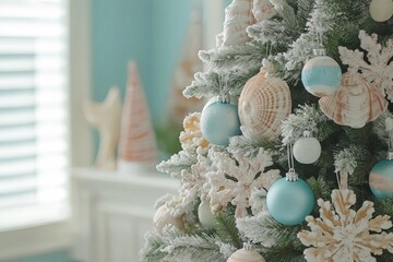 Poster - A Christmas tree adorned with seashell ornaments and soft coastal colors
