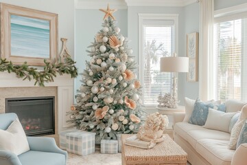 Wall Mural - A Christmas tree adorned with seashell ornaments and soft coastal colors