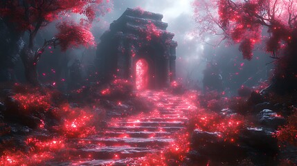 Wall Mural - Glowing Ruins Steps Mystical Forest Fantasy Game