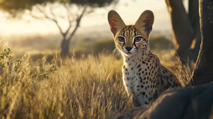 Sticker - A Serval Kitten Amidst Golden Grass