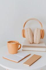 Poster - Scandi Home Office Vibes Minimalist Desk with Modern Headphones and Coffee - Enhancing Remote Professional Learning and Creative Workspace Inspiration