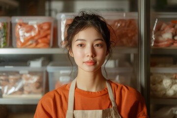Aufkleber - Minimalist Smart Kitchen Asian Female Using AR Digital Screen for Pantry Cataloging - Enhancing Home Storage with Transparent Containers and Expiry Alerts in Tech-Savvy Living