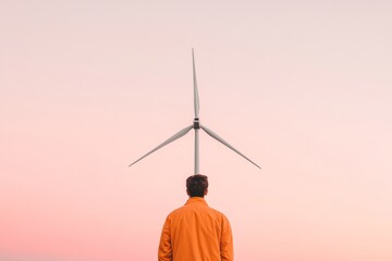 Aufkleber - Wind Turbine Innovation Male Technician in Orange Jacket Against Gradient Sky - Renewable Energy Solutions and Sustainable Power Marketing Imagery