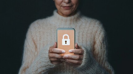 Aufkleber - Cybersecurity Chic Indian Womans Hand with Smartphone - Glowing Lock Display on Knit Texture for Modern Fintech and Personal Data Protection Solutions