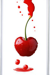 Poster - Cherry falling into a liquid puddle creating splashes and ripples in the water isolated on transparent background.