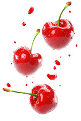 Poster - Fresh cherries splashing in water creating dynamic and vibrant droplets on a white background isolated on transparent background.