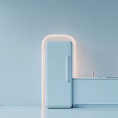Poster - Minimalist Smart Kitchen Design Soft Blue Smart Refrigerator with Integrated LED Lighting - Modern Home Efficiency and Aesthetic for Innovative Culinary Spaces