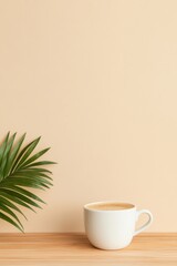 Poster - Scandinavian Desk Aesthetic Minimalist Wooden Workspace with Espresso and Palm Decor Modern Home Office Transformation for Enhanced Productivity and Digital Wellness