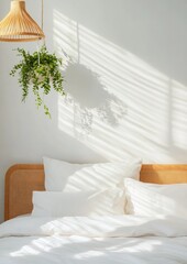 Aufkleber - Modern Urban Retreat Minimalist Floral Bedroom with White Bedding and Rattan Elements - Enhancing Wellness and Style in Interior Design for Urban Residences