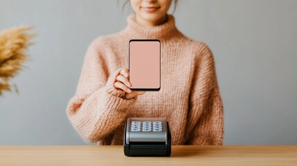 Aufkleber - Minimalist Tech-Infused Payment Asian Woman, 28, Using Smartphone at POS Terminal in Bright Cafe - Modern Retail Innovations and Digital Convenience in Fintech