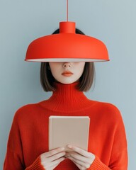 Poster - Minimalist Design Young Woman in Red Sweater Reading a Book Under Modern Lamp - Inspiring Mindful Productivity and Digital Detox for Creative Workspaces
