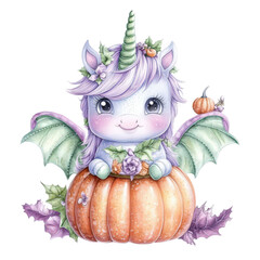Poster - Cute unicorn sitting on top of an orange pumpkin in a whimsical autumn setting isolated on transparent background.