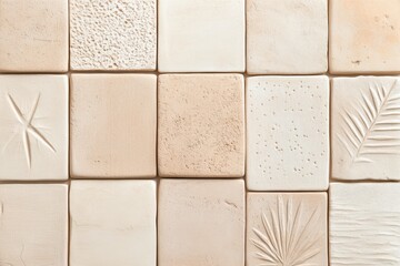 Poster - Crafted clay tiles with intricate engravings showcase artisanal elegance in a minimalistic design setting