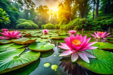 Wall Mural - Macro Water Lilies in Lush Forest - Closeup Nature Photography