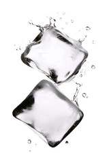 Poster - Two ice cubes with water splashing on them creating a refreshing beverage scene isolated on transparent background.
