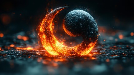 Wall Mural - Fiery crescent moon and icy sphere, abstract art.