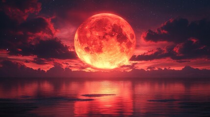 Wall Mural - Blood Moon Rising Over Calm Ocean at Night