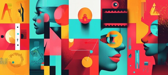 Vibrant abstract art featuring contemporary female figures and geometric shapes