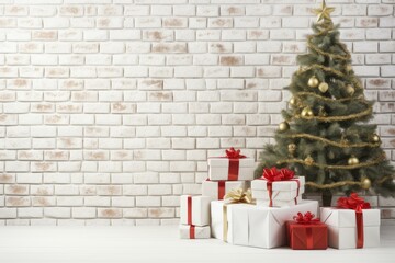 Poster - Decorated christmas tree with many presents on a white wooden floor and a white brick wall background