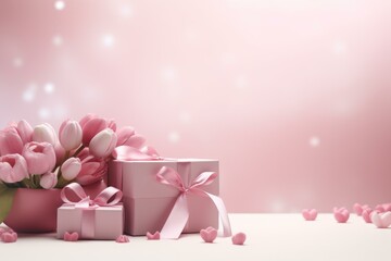 Wall Mural - Pink tulips and gift boxes with heart shaped candies create a festive mother's day scene on a pastel background