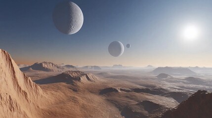 Wall Mural - A serene alien landscape featuring three moons and rugged mountainous terrain, bathed in soft light