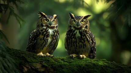 Tow big owls seating on the big green tree, in forest 