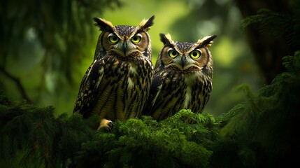 tow big owls seating on the big green tree, in forest