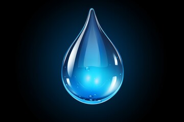 Poster - Luminous blue water drop glowing on a dark background, representing purity, hydration, and nature's essence