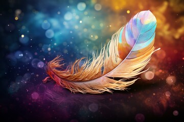 Poster - Single colorful feather with bokeh effect creating a vibrant and magical atmosphere