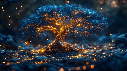 Poster - Surreal AI Driven Marketing Concept with Glowing Digital Tree and Algorithms